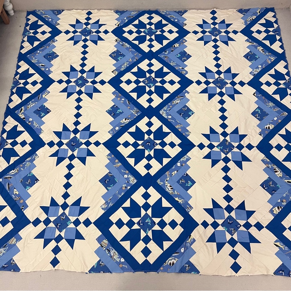 Blue Gazing Log Cabin Patchwork Cotton fabric Queen size Quilt Top/Topper